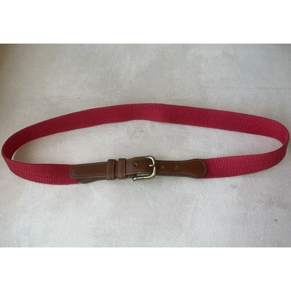 Vintage Coach Red Linen Brown Leather Tab Brass‎ Buckle Belt 34